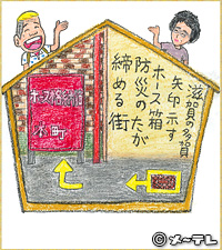 滋賀の多賀
矢印示す
ホース箱
防災のたが
締める街