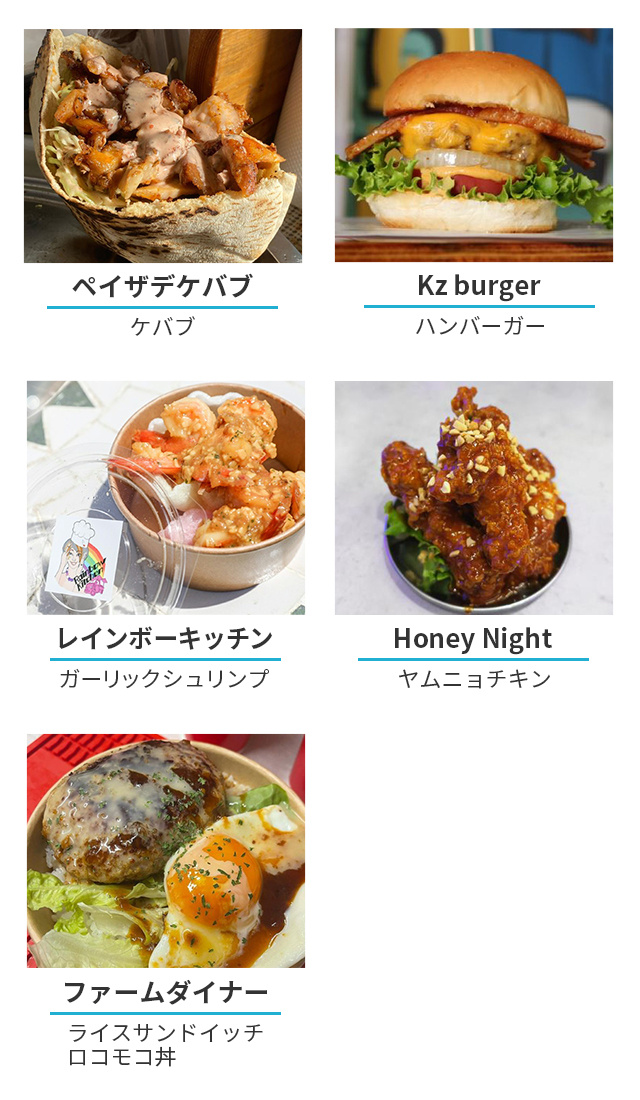 ペイザデケバブ、Kz burger、レインボーキッチン、Honey Night、ファームダイナー