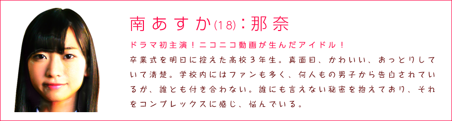 南あすか（１８）:那奈 ドラマ初主演！ニコニコ動画が生んだアイドル！
卒業式を明日に控えた高校３年生。真面目、かわいい、おっとりして
いて清楚。学校内にはファンも多く、何人もの男子から告白されてい
るが、誰とも付き合わない。誰にも言えない秘密を抱えており、それ
をコンプレックスに感じ、悩んでいる。