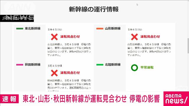 東北・山形・秋田新幹線が東京～仙台で運転見合わせ　停電の影響　再開見込み立たず