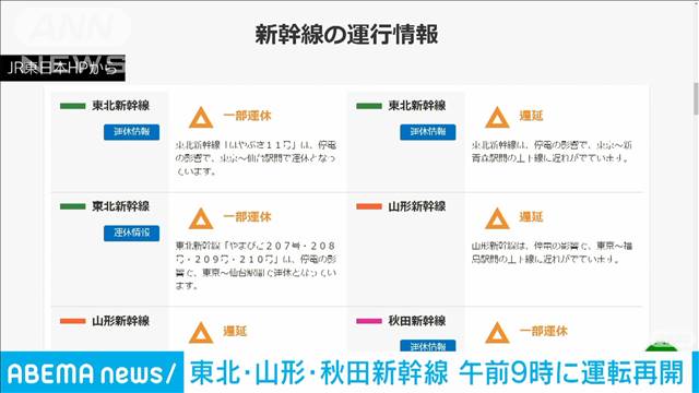 【速報】電力トラブルの東北・秋田・山形新幹線が午前9時に運転再開　