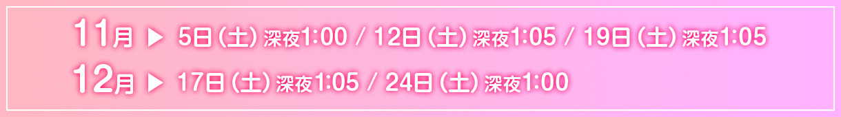 11月5日（土）、深夜1:00、12日（土）深夜1:05、19日（土）深夜1:05／12月17日（土）深夜1:05、24日（土）深夜1:00