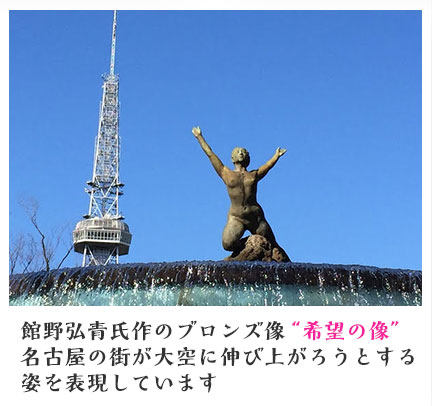 館野弘青氏作のブロンズ像“希望の像”名古屋の街が大空に伸び上がろうとする姿を表現しています